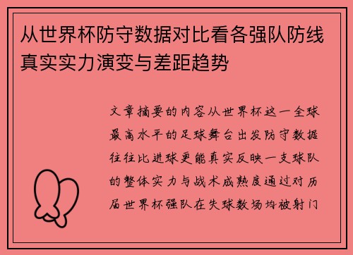 从世界杯防守数据对比看各强队防线真实实力演变与差距趋势
